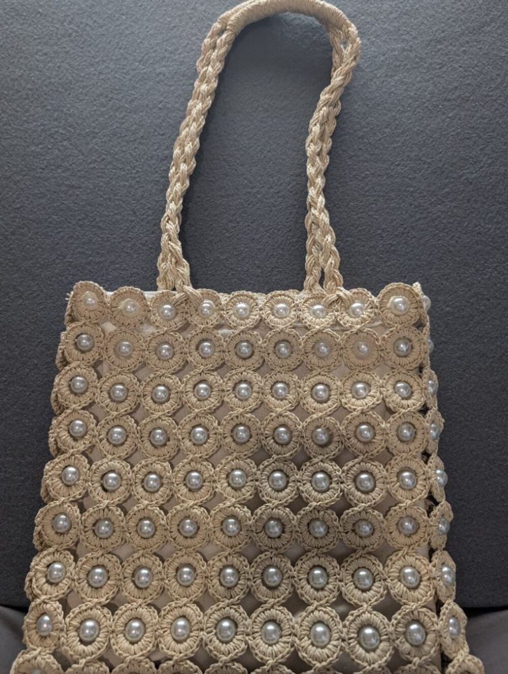 Haute Hippie Style Crochet Pearl Tote Bag Beige Straw Woven Handbag
